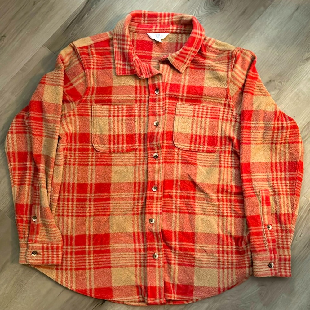 Women’s Pink and Tan Fleece Flannel Button-Up - Size Medium (8-10)